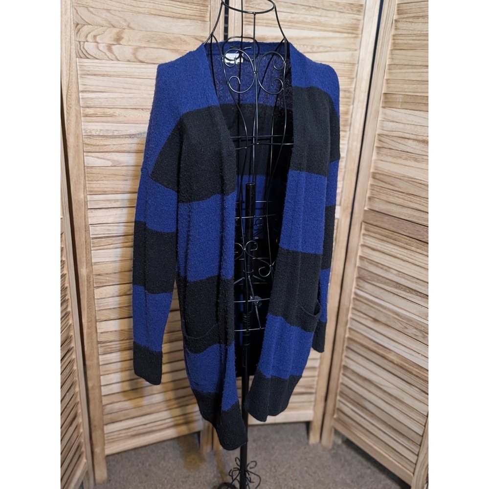 Maison Jules Sweater Womens Small Black Blue Striped Open Front Cardigan